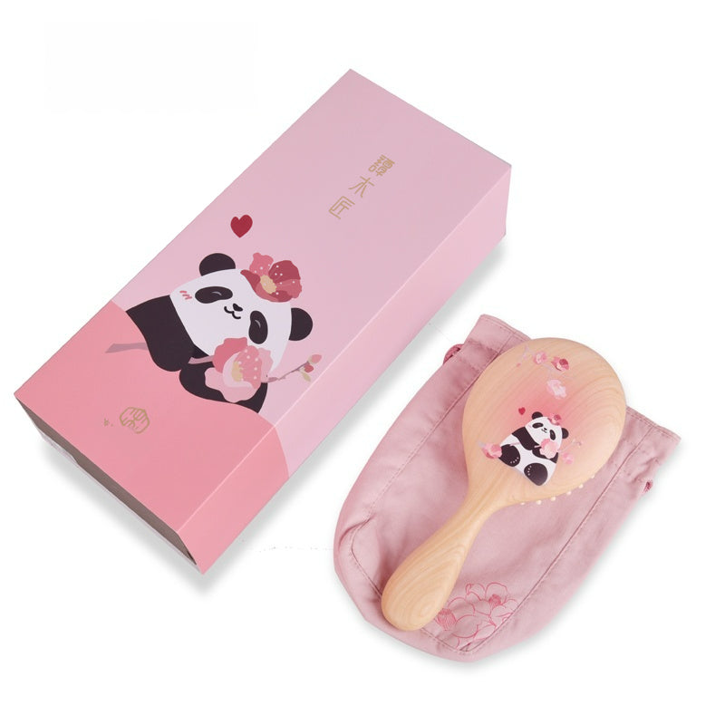 Panda Pink Wooden Hair Brush (Free Letter Engraving)