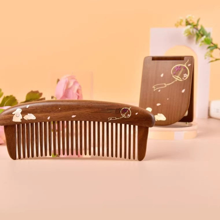 Bunny Wood Comb & Mirror Set (Free Letter Engraving)