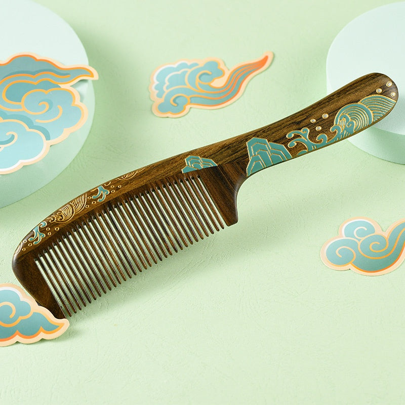 Blue Sea Hair Comb in Ukiyoe style (Free Letter Engraving)