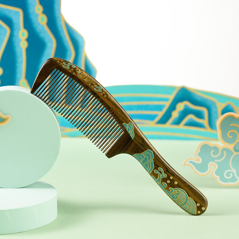 Blue Sea Hair Comb in Ukiyoe style (Free Letter Engraving)